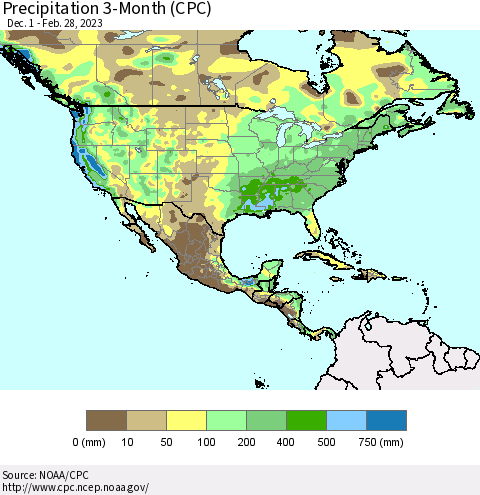 North America Precipitation 3-Month (CPC) Thematic Map For 12/1/2022 - 2/28/2023