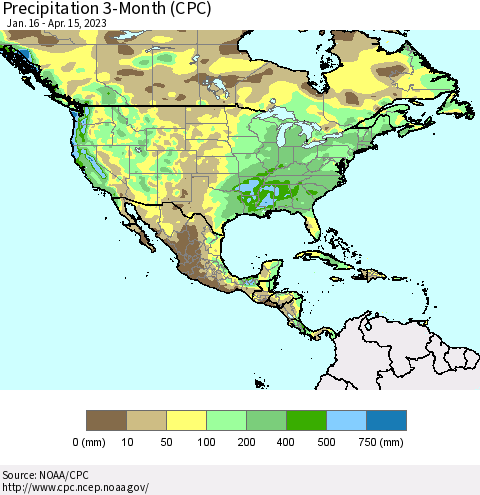 North America Precipitation 3-Month (CPC) Thematic Map For 1/16/2023 - 4/15/2023
