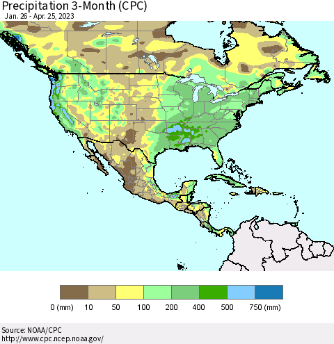 North America Precipitation 3-Month (CPC) Thematic Map For 1/26/2023 - 4/25/2023