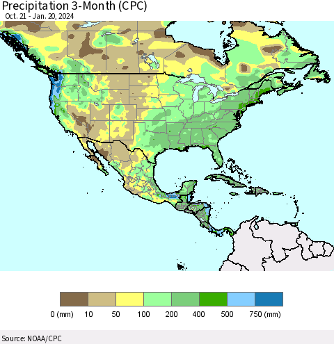 North America Precipitation 3-Month (CPC) Thematic Map For 10/21/2023 - 1/20/2024