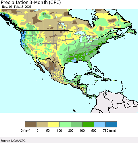North America Precipitation 3-Month (CPC) Thematic Map For 11/16/2023 - 2/15/2024