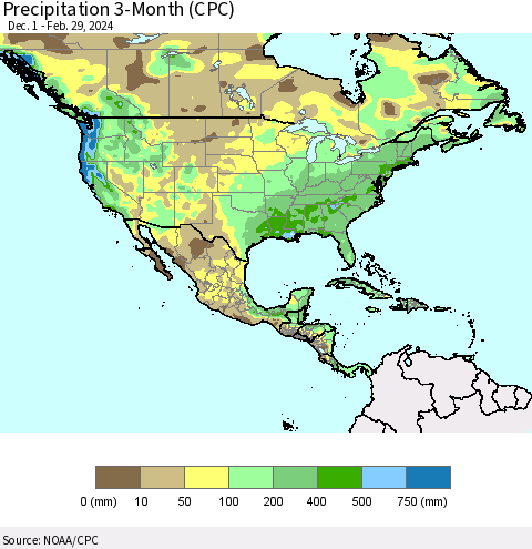 North America Precipitation 3-Month (CPC) Thematic Map For 12/1/2023 - 2/29/2024