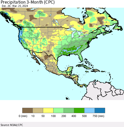 North America Precipitation 3-Month (CPC) Thematic Map For 12/26/2023 - 3/25/2024