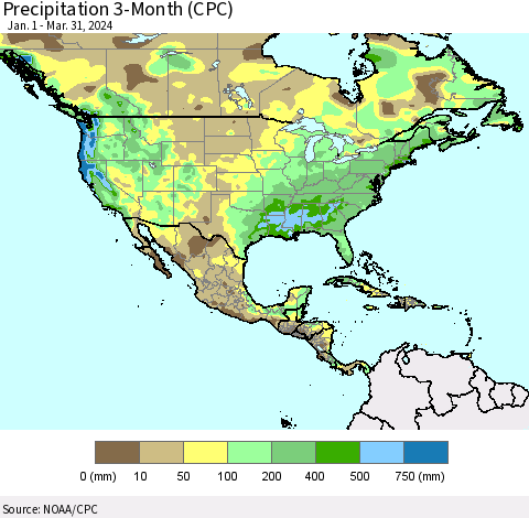 North America Precipitation 3-Month (CPC) Thematic Map For 1/1/2024 - 3/31/2024