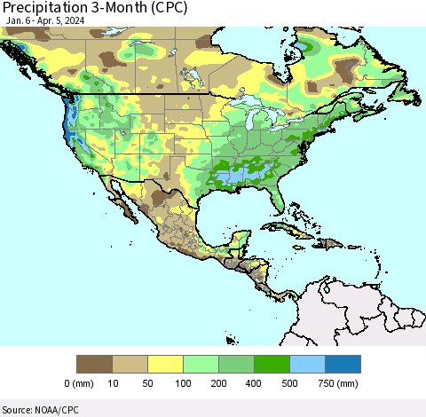North America Precipitation 3-Month (CPC) Thematic Map For 1/6/2024 - 4/5/2024