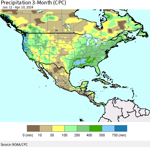 North America Precipitation 3-Month (CPC) Thematic Map For 1/11/2024 - 4/10/2024