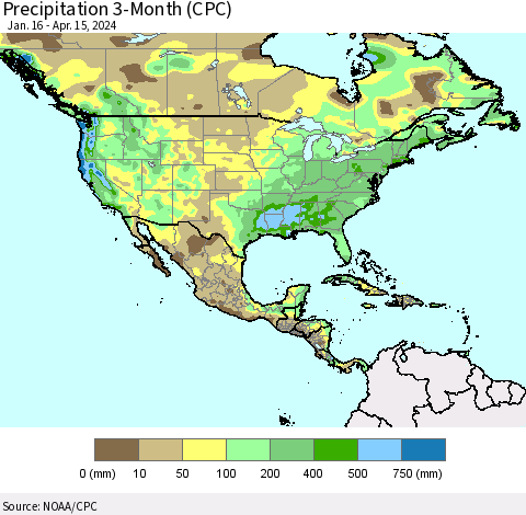 North America Precipitation 3-Month (CPC) Thematic Map For 1/16/2024 - 4/15/2024