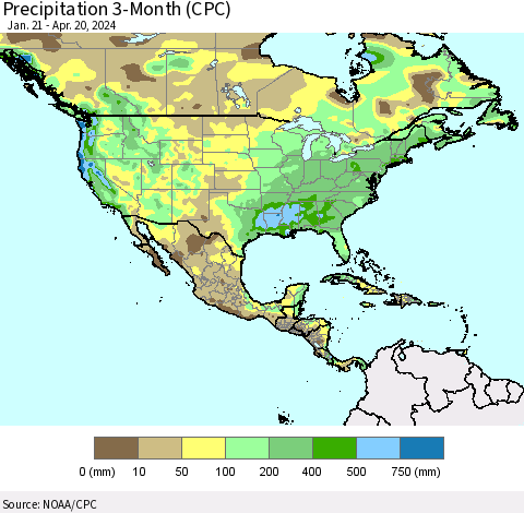 North America Precipitation 3-Month (CPC) Thematic Map For 1/21/2024 - 4/20/2024