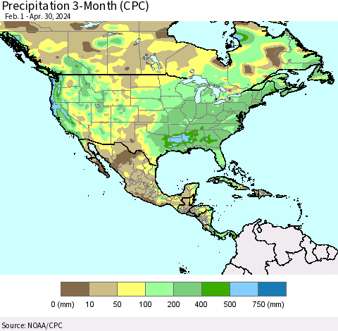 North America Precipitation 3-Month (CPC) Thematic Map For 2/1/2024 - 4/30/2024