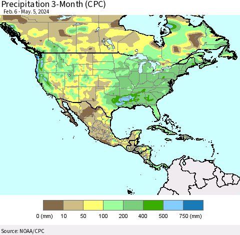 North America Precipitation 3-Month (CPC) Thematic Map For 2/6/2024 - 5/5/2024