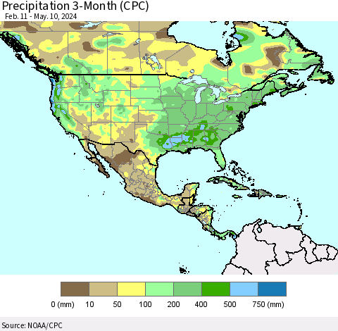 North America Precipitation 3-Month (CPC) Thematic Map For 2/11/2024 - 5/10/2024