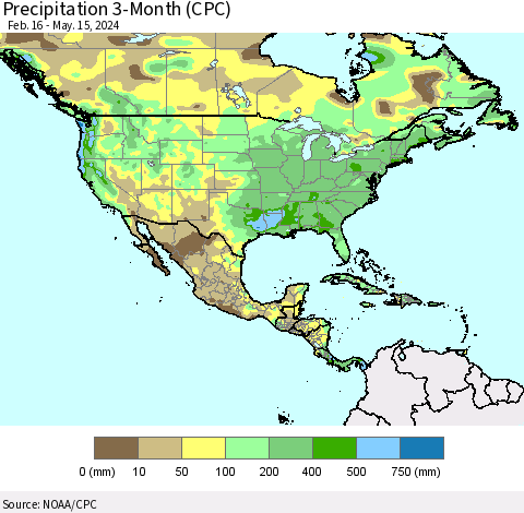 North America Precipitation 3-Month (CPC) Thematic Map For 2/16/2024 - 5/15/2024