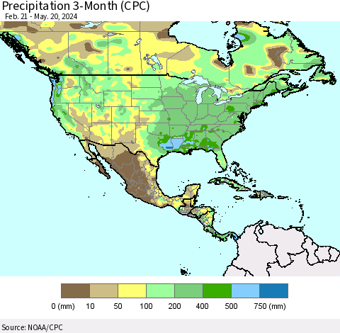 North America Precipitation 3-Month (CPC) Thematic Map For 2/21/2024 - 5/20/2024
