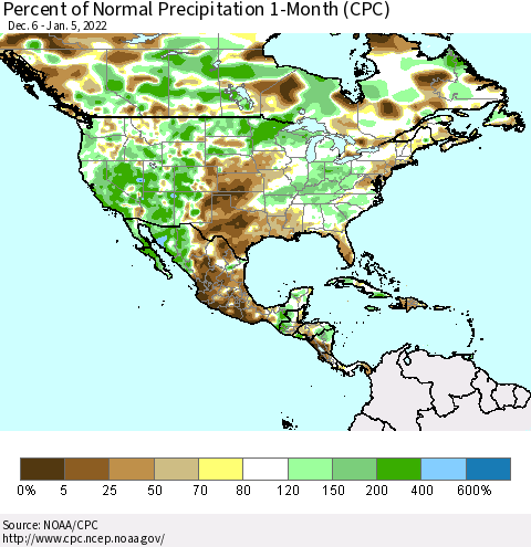 North America Percent of Normal Precipitation 1-Month (CPC) Thematic Map For 12/6/2021 - 1/5/2022