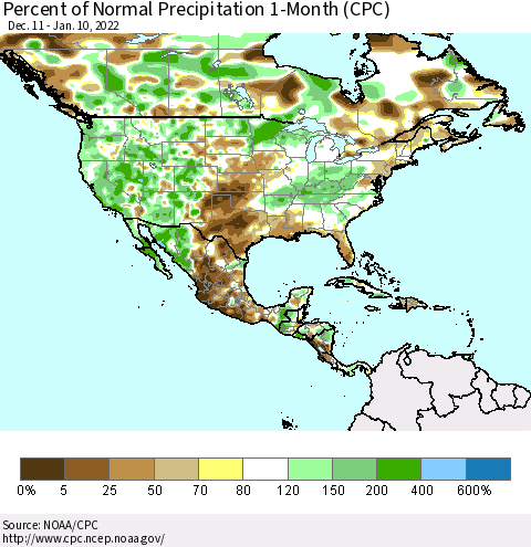 North America Percent of Normal Precipitation 1-Month (CPC) Thematic Map For 12/11/2021 - 1/10/2022
