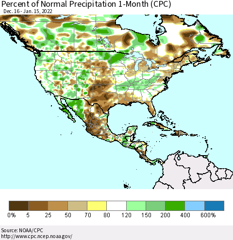 North America Percent of Normal Precipitation 1-Month (CPC) Thematic Map For 12/16/2021 - 1/15/2022