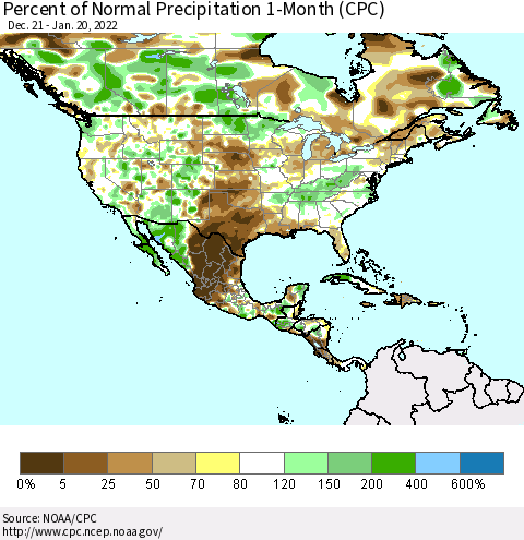 North America Percent of Normal Precipitation 1-Month (CPC) Thematic Map For 12/21/2021 - 1/20/2022