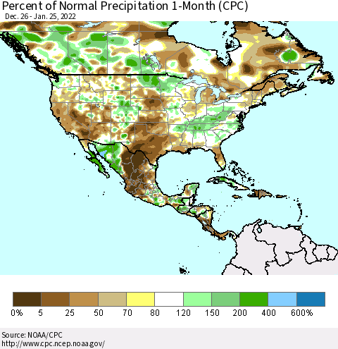 North America Percent of Normal Precipitation 1-Month (CPC) Thematic Map For 12/26/2021 - 1/25/2022