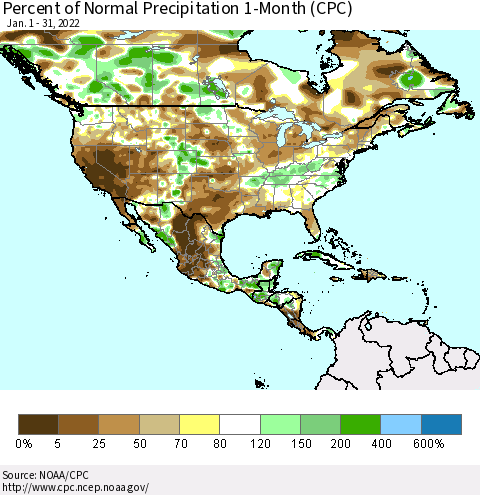 North America Percent of Normal Precipitation 1-Month (CPC) Thematic Map For 1/1/2022 - 1/31/2022