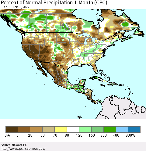 North America Percent of Normal Precipitation 1-Month (CPC) Thematic Map For 1/6/2022 - 2/5/2022