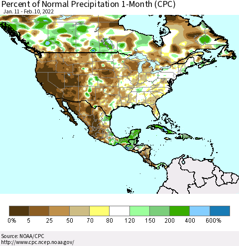 North America Percent of Normal Precipitation 1-Month (CPC) Thematic Map For 1/11/2022 - 2/10/2022