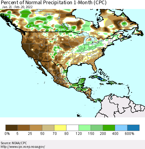 North America Percent of Normal Precipitation 1-Month (CPC) Thematic Map For 1/21/2022 - 2/20/2022