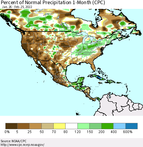 North America Percent of Normal Precipitation 1-Month (CPC) Thematic Map For 1/26/2022 - 2/25/2022