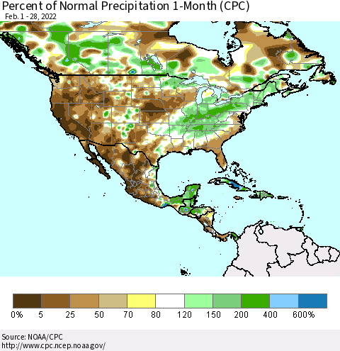 North America Percent of Normal Precipitation 1-Month (CPC) Thematic Map For 2/1/2022 - 2/28/2022