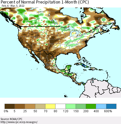 North America Percent of Normal Precipitation 1-Month (CPC) Thematic Map For 2/6/2022 - 3/5/2022