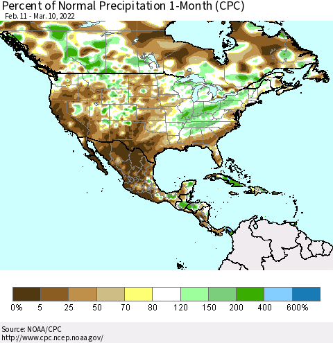North America Percent of Normal Precipitation 1-Month (CPC) Thematic Map For 2/11/2022 - 3/10/2022