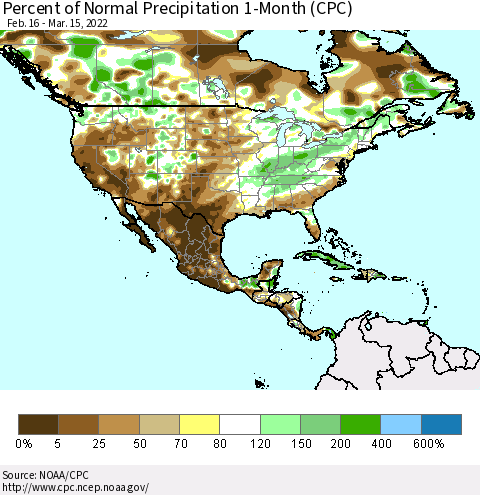 North America Percent of Normal Precipitation 1-Month (CPC) Thematic Map For 2/16/2022 - 3/15/2022