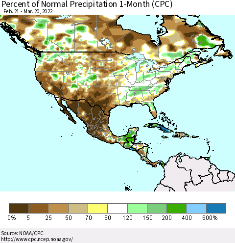 North America Percent of Normal Precipitation 1-Month (CPC) Thematic Map For 2/21/2022 - 3/20/2022