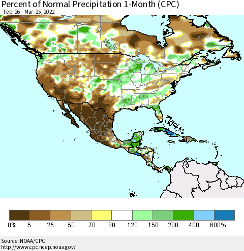 North America Percent of Normal Precipitation 1-Month (CPC) Thematic Map For 2/26/2022 - 3/25/2022