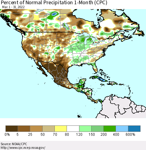 North America Percent of Normal Precipitation 1-Month (CPC) Thematic Map For 3/1/2022 - 3/31/2022