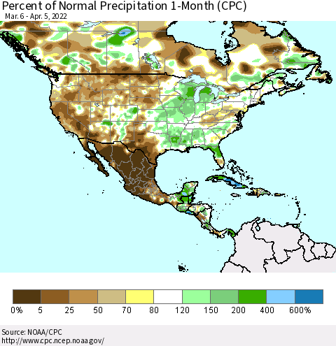 North America Percent of Normal Precipitation 1-Month (CPC) Thematic Map For 3/6/2022 - 4/5/2022