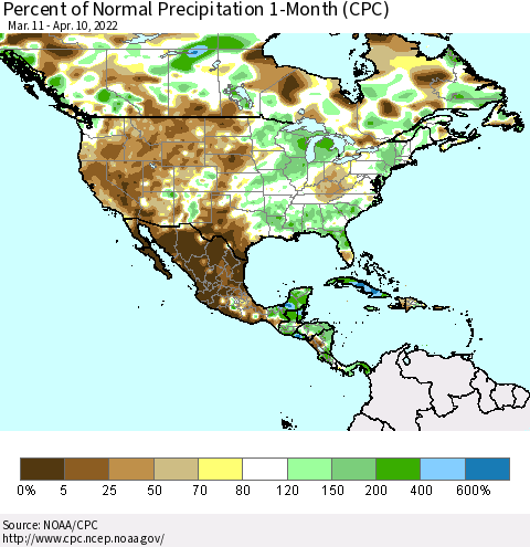 North America Percent of Normal Precipitation 1-Month (CPC) Thematic Map For 3/11/2022 - 4/10/2022