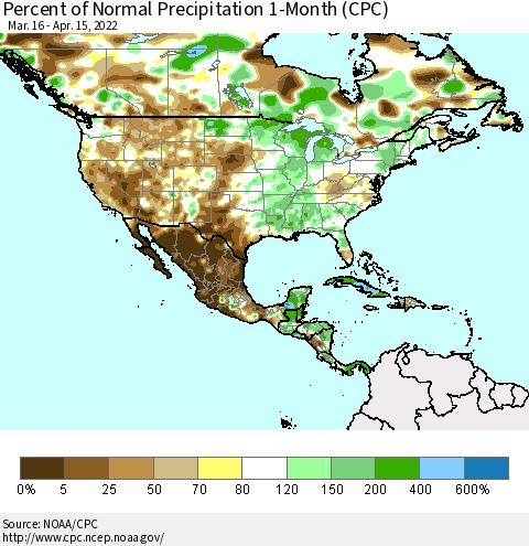 North America Percent of Normal Precipitation 1-Month (CPC) Thematic Map For 3/16/2022 - 4/15/2022