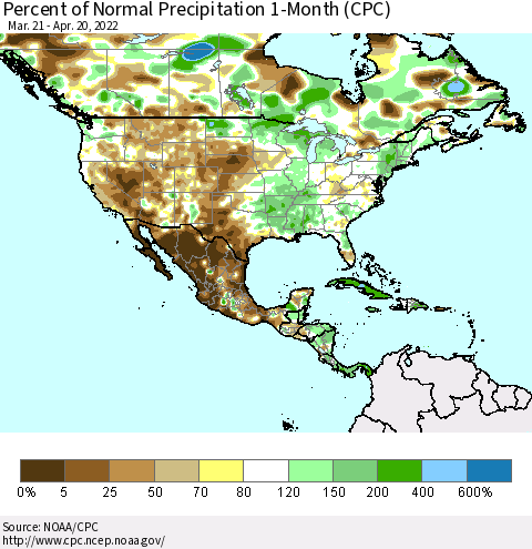 North America Percent of Normal Precipitation 1-Month (CPC) Thematic Map For 3/21/2022 - 4/20/2022