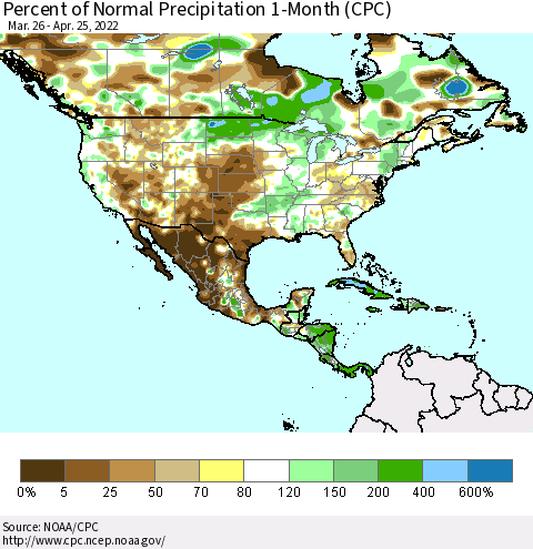 North America Percent of Normal Precipitation 1-Month (CPC) Thematic Map For 3/26/2022 - 4/25/2022