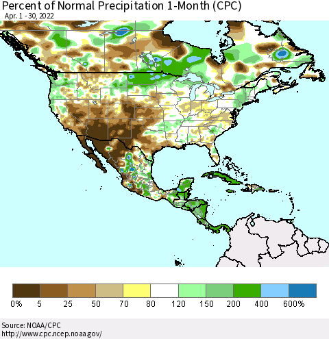 North America Percent of Normal Precipitation 1-Month (CPC) Thematic Map For 4/1/2022 - 4/30/2022