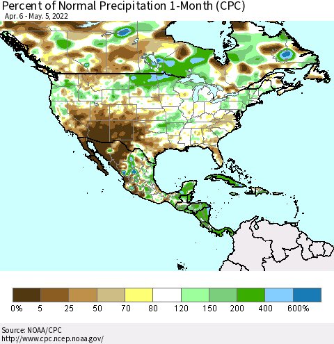 North America Percent of Normal Precipitation 1-Month (CPC) Thematic Map For 4/6/2022 - 5/5/2022
