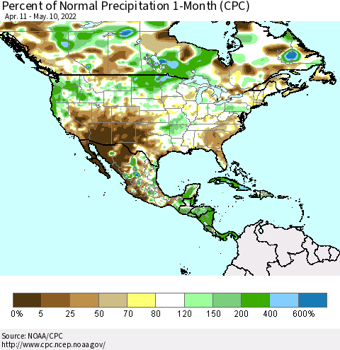 North America Percent of Normal Precipitation 1-Month (CPC) Thematic Map For 4/11/2022 - 5/10/2022