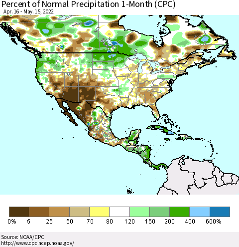 North America Percent of Normal Precipitation 1-Month (CPC) Thematic Map For 4/16/2022 - 5/15/2022