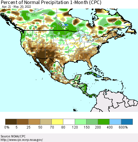 North America Percent of Normal Precipitation 1-Month (CPC) Thematic Map For 4/21/2022 - 5/20/2022