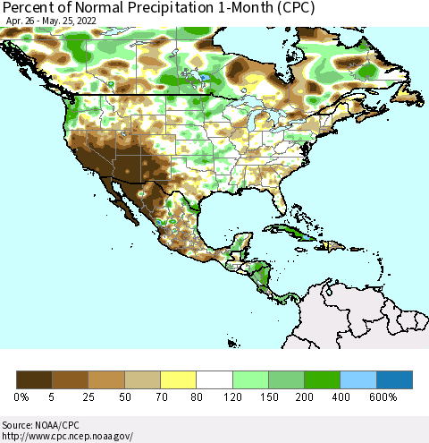 North America Percent of Normal Precipitation 1-Month (CPC) Thematic Map For 4/26/2022 - 5/25/2022