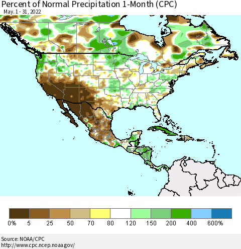 North America Percent of Normal Precipitation 1-Month (CPC) Thematic Map For 5/1/2022 - 5/31/2022