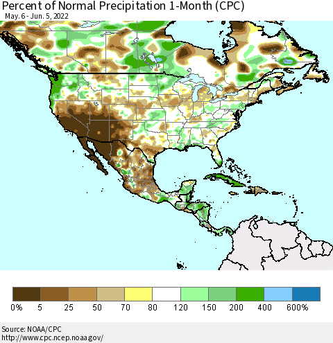 North America Percent of Normal Precipitation 1-Month (CPC) Thematic Map For 5/6/2022 - 6/5/2022