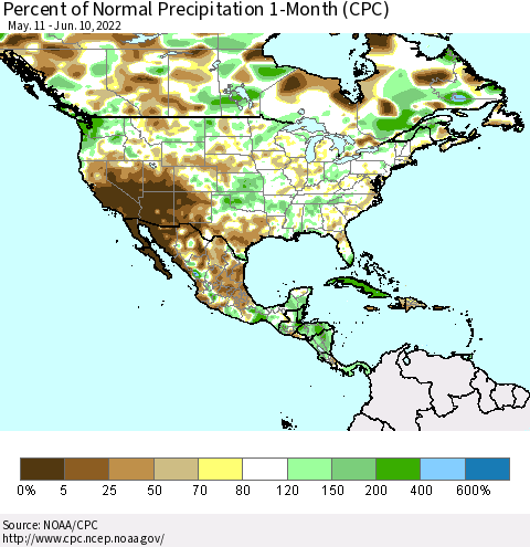 North America Percent of Normal Precipitation 1-Month (CPC) Thematic Map For 5/11/2022 - 6/10/2022