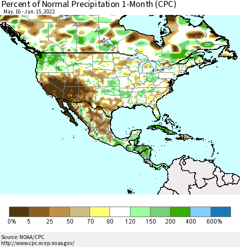 North America Percent of Normal Precipitation 1-Month (CPC) Thematic Map For 5/16/2022 - 6/15/2022