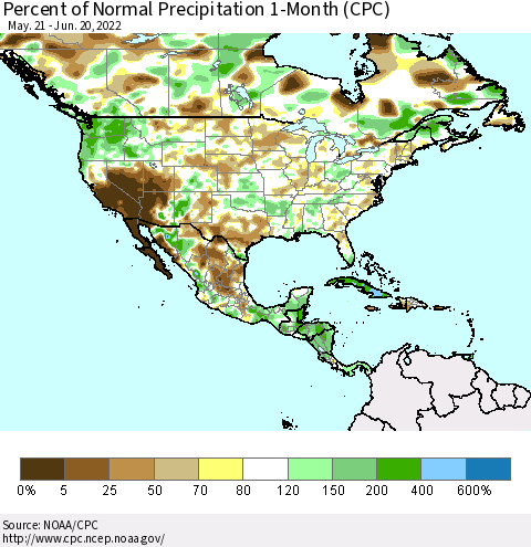 North America Percent of Normal Precipitation 1-Month (CPC) Thematic Map For 5/21/2022 - 6/20/2022